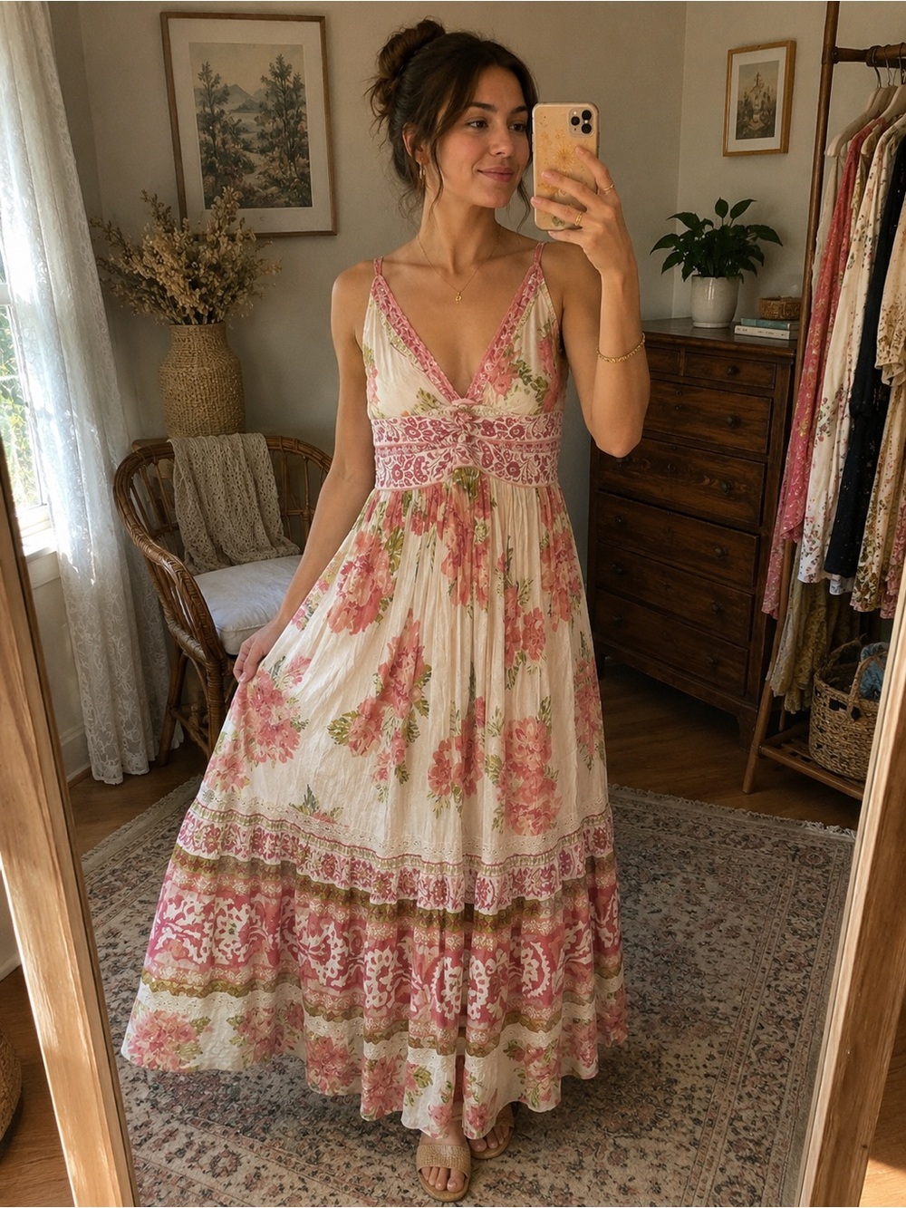 Angie Pink Floral Boho Prairie Maxi Dress Cottagecore Festival Medium Smock